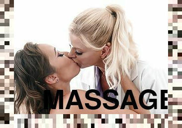 Christy Love and Serene Siren licking on the massage table