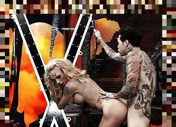 Tattooed devil Sarah Jessie gets fucked from behind after giving head