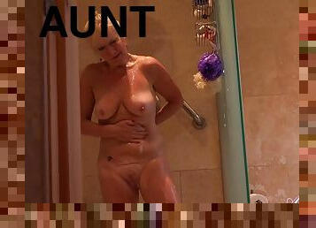 bañando, tetas-grandes, madurita-caliente, espía, rubia, ducha, afeitada