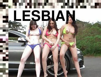 udendørs, lesbisk, bil, trekanter, brunette