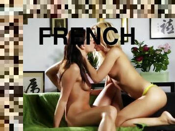Sexy french blonde licks her brunette friends pussy