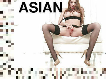 asiatisk, storatuttar, klitta, masturbation, strumpbyxor, fitta-pussy, trosor, blond, tatuering, höga-klackar