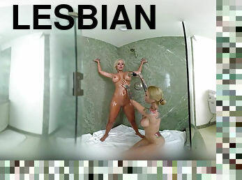 Thick lesbians go at each other in the shower