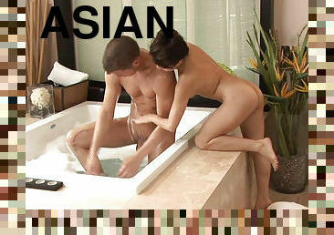 asiatique, fellation, ejaculation-sur-le-corps, branlette, massage, fantaisie, musclé