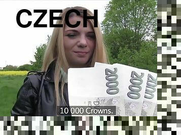 Blonde Czech teen sucking dick outdoors for model job