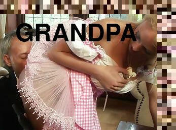 Grandpa gets blowjob from sexy blonde maid with big fake tits