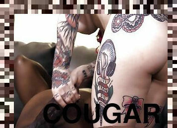 Inked Gothic Cougar Deepthroats Gigantic Black Cock