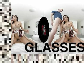 Inked brunette with glasses gets double penetrated in VR scene