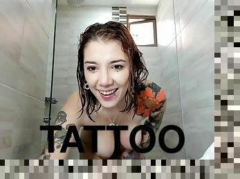 Colombian otaku with tattooed body takes a hot shower