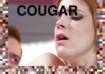 Redhead tattooed cougar Irina Vega gets shaved pussy railed