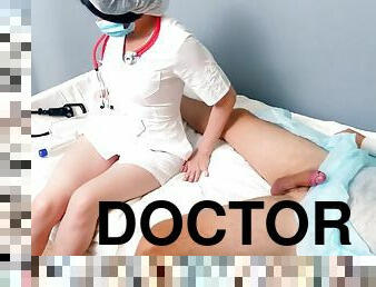 Doctor giving prostate massage to patient. He filled everything with cum. Vacuum pump