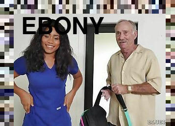 Big-Breasted Ebony Nurse Fucks With A Real Old Man