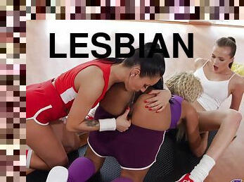 Three young and sexy lesbos get naughty at the fitness center