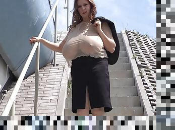Public flashing saggy huge titties