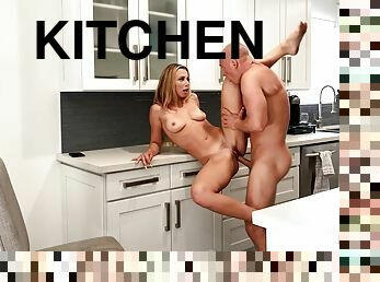 Naked babe Aidra Fox gets pounded hard in the kitchen