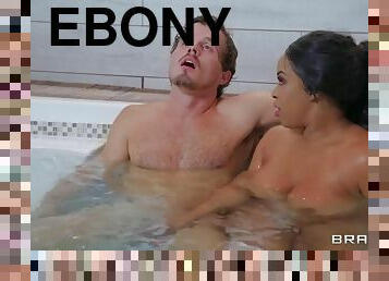 Voluptuous ebony mommy Aryana Adin strokes his pecker in Hot Tub