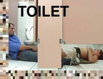 Dude fucks a pussy through lacy pantyhose on a toilet floor