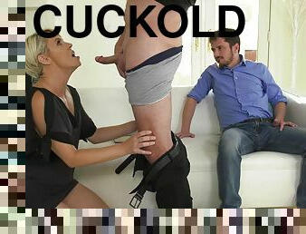 Cuckold's wife getting fucked in mouth before a standing doggystyle.