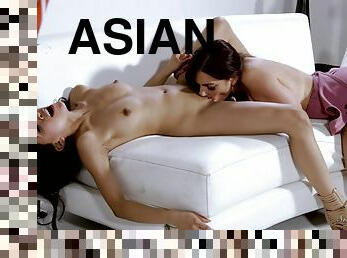 asiático, cona-pussy, lésbicas, hardcore, excitante, belíssimo, cona