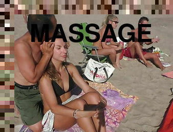 udendørs, skønheder, massage, strand, smuk, bikini