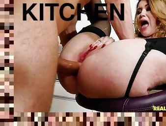 Chef thrusts dick into a stockinged hottie in kitchen
