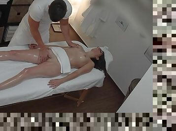 18-Year-Old Darkhaired with Glasses Seduced on Massage Table
