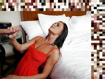 Darkhaired Babe In Red Dress Gets Creampied - high def porn movies