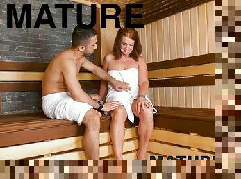 chatte-pussy, mature, sauna, rasé, cougar