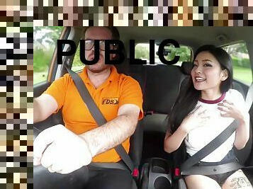 Public Asian babe fucked in car outdoors by driving tutor