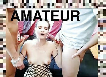 Real Amateur MMF Threesome - Skinny German teen licks her ass