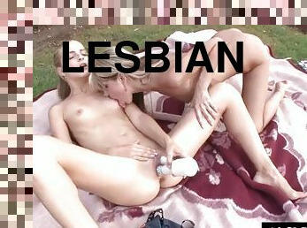 Lesbian teens enjoy double sided dildo fucking
