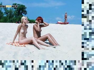 nudist, udendørs, offentlig, amatør, teenager, strand, blond