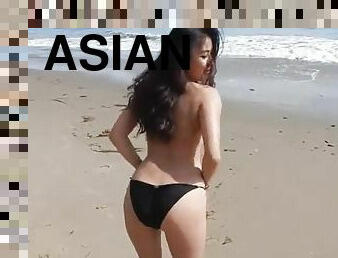 asiático, masturbación, playa, calientapollas