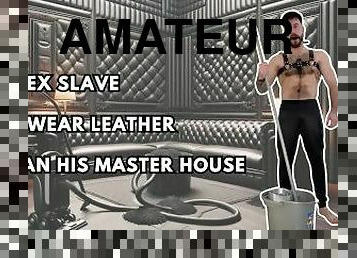 Gay sex slave made wear leather & clean his master house