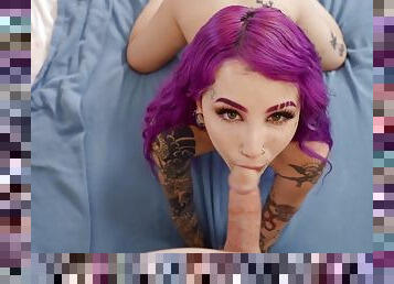 Purple-haired minx seduced roommate into drilling her tight pussy