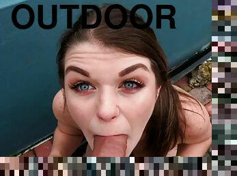 Cleanup In Aisle 69 - Anastasia Rose gives outdoor deepthroat blowjob & gets creampie cumshot