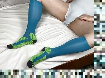 Inflatable anal plug, blue knee high compression stockings