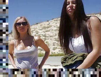 Hitchhiking pretty girlfriends and fucks the lucky driver