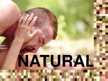 Natural busty teen fucked in nature