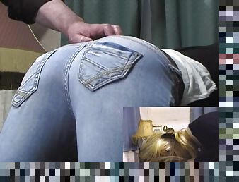 Paddled on jeans then on round bare ass