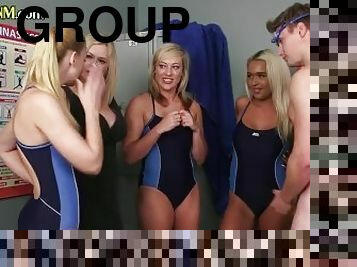CFNM swimsuit sluts give group HJ in the locker room