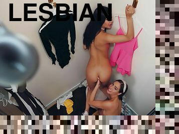 Lesbian sex in the changing room with two amateurs