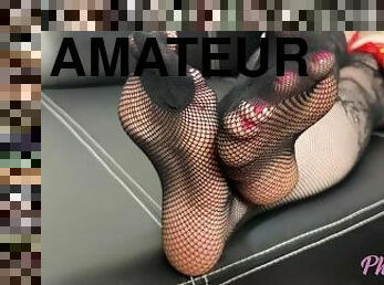 amateur, ados, pieds, bas, résille, fétiche, brunette