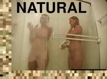 Two hot babes shower with nude natural tits