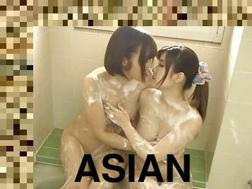 Asian broads share soapy oral fun in the bathroom