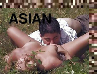 asiatisk, udendørs, udløsning, tøs, barberet, brunette