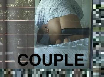 orgasmo, esposa, hardcore, cámara, pareja, voyeur, pillada, cowgirl, hotel, morena