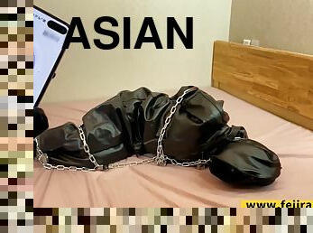 asiatisk, onani, orgasme, lesbisk, massasje, bdsm, slave, latex, uniform, brunette