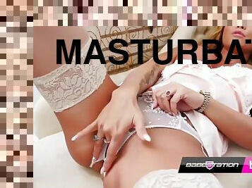 masturbacja, gwiazda-porno, blondynka, bielizna, solo, białe