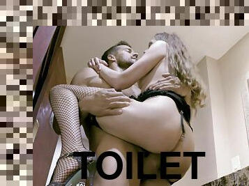 Blonde in sexy lingerie fucks random guy in the toilet